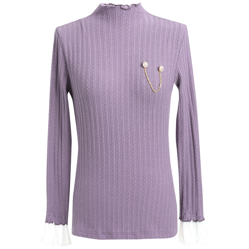 OUNIXUE欧昵雪 | [气质淑女小衫]优雅波边立领上衣提花压褶修身针织衫女