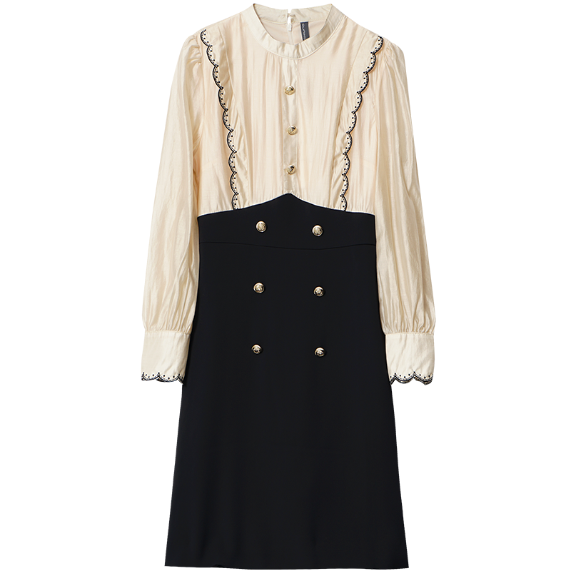 OUNIXUE欧昵雪 | [气质拼接假两件裙子]时尚波浪绣花双排扣休闲连衣裙女