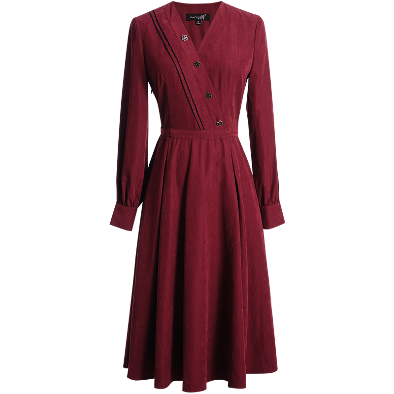 OUNIXUE欧昵雪 | [简约感衔接式V领裙]优雅套头抽绳装饰显瘦连衣裙女