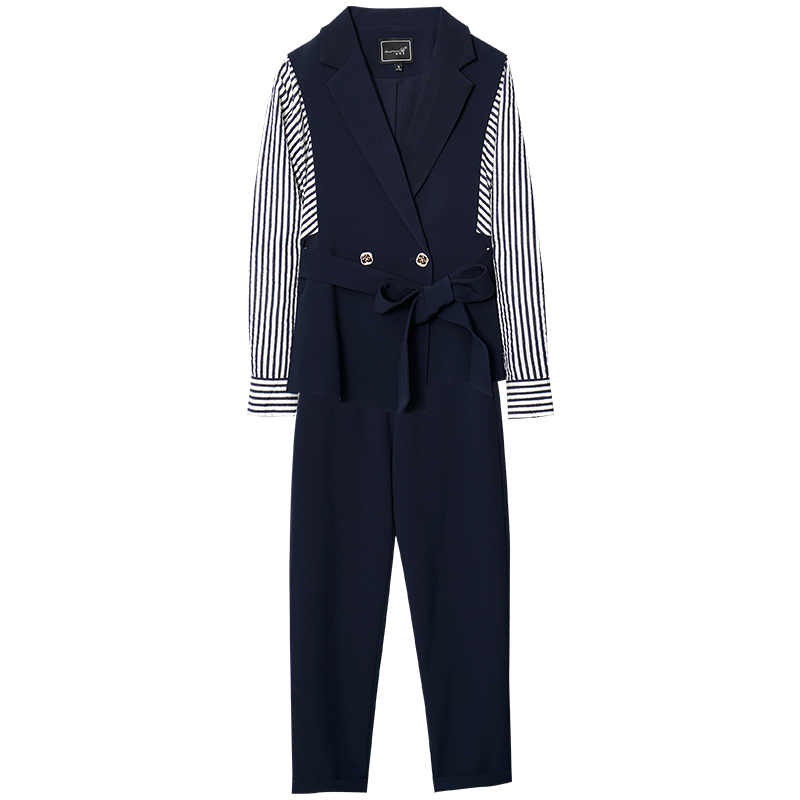 OUNIXUE欧昵雪 | [职业通勤两件套]时尚条纹拼接上衣直筒休闲裤女式套装