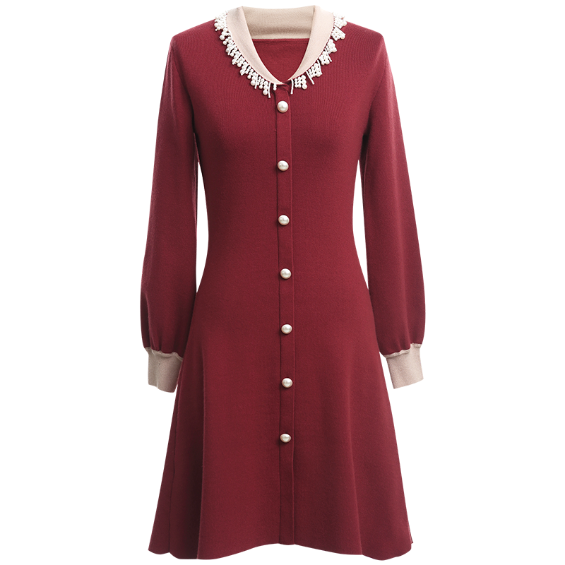 OUNIXUE欧昵雪 | 设计感珍珠翻领收腰针织连衣裙女气质通勤显瘦毛衣a字裙