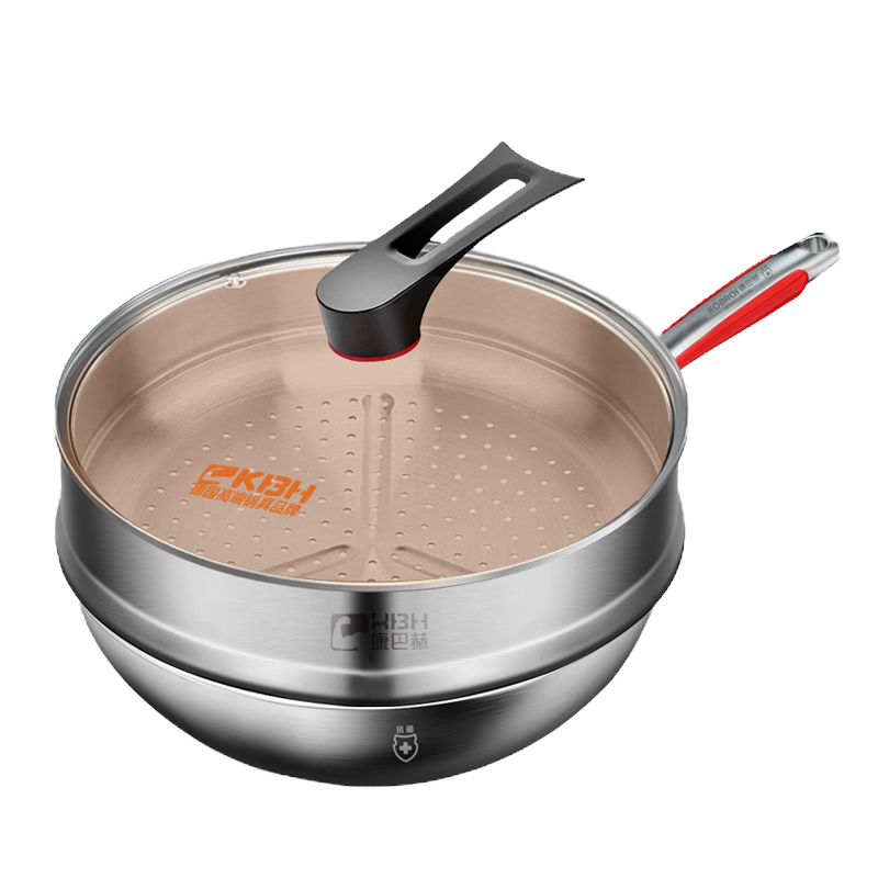 康巴赫第四代抗菌不锈钢炒锅32cm蜂窝平底炒菜锅电磁炉明火燃气通用 配不锈钢蒸笼