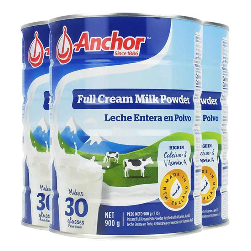 Anchor 安佳 成人儿童学生中老年人孕妇 进口高钙全脂奶粉 900g*3罐装