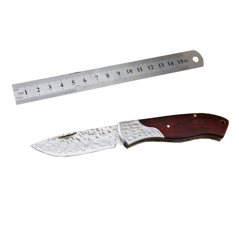大马士革刀 锻打微粒黄檀手柄刀 口袋折刀 便携式多用刀折叠刀户外旅行锋利耐用随身携带刀礼品水果刀具野营刀具探险刀