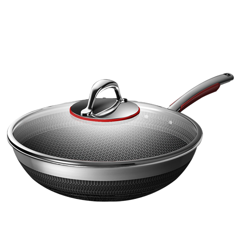 康巴赫316不锈钢炒锅32cm双面蜂窝平底炒菜锅家用电磁炉明火燃气通用