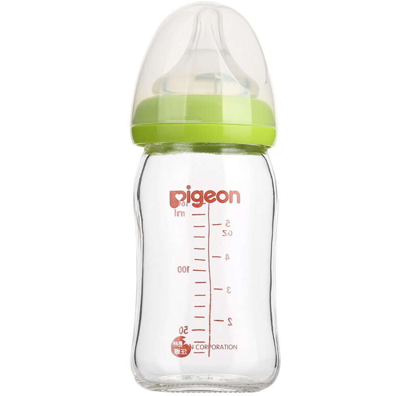 贝亲(Pigeon)宽口径玻璃奶瓶自然实感防胀气160ml配SS奶嘴绿色AA72(赠吸管手柄)