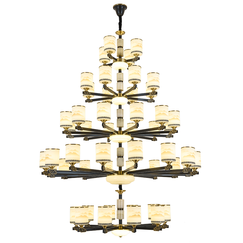 克罗斯塔 别墅客厅大吊灯复式楼中空楼梯长吊灯全铜新中式酒店大厅餐厅防尘灯罩灯具