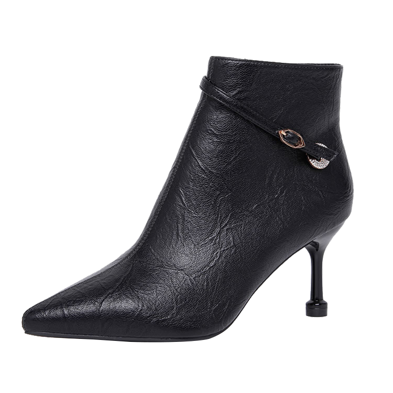 依思q高跟靴子时尚尖头女靴皮面短靴加绒保暖