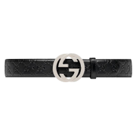 GUCCI/古驰 腰带 男款经典款大logo双G压花银扣 黑色牛皮款411924 CWC1N 1000