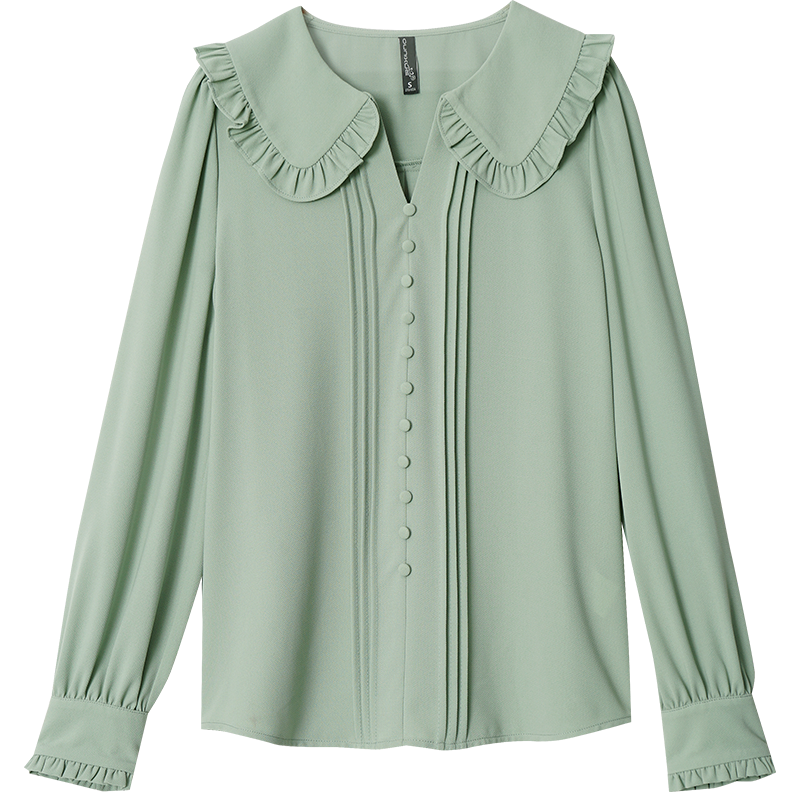 OUNIXUE欧昵雪 | [时尚通勤衬衣]清新淑女木耳边拼接翻领套头小衫女上衣