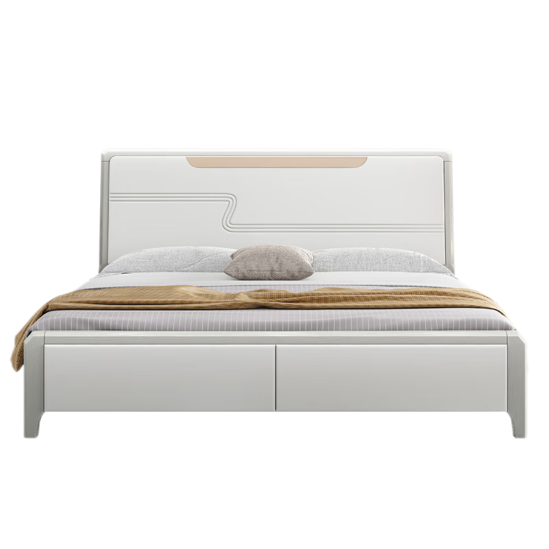 眷森实木床北欧现代简约白色实木床(框架款)+20cm弹簧床垫+床头柜*1(1.8米*2米)