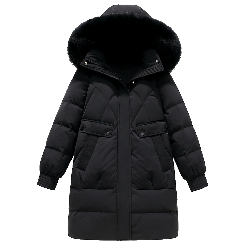 雪中飞冬季新款羽绒服纯色简约气质修身保暖大毛领长款外套女