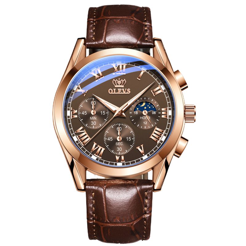 欧利时(OLEVS)瑞士认证品牌真皮带双日历石英表男士手表夜光防水潮流时尚腕表商务男表运动休闲日月星辰