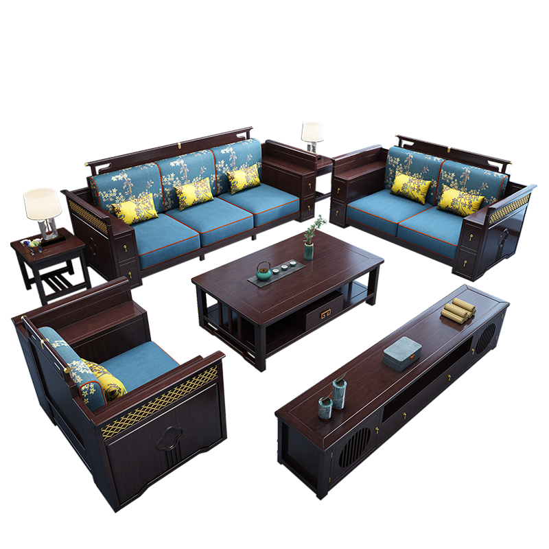 禧漫屋 新中式橡胶木沙发禅意别墅储物沙发现代中式实木沙发客厅组合现代简约大小户型布艺沙发经济型木质家具