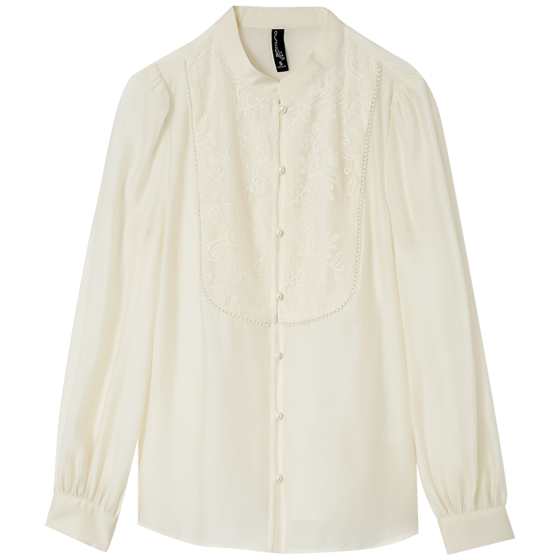 OUNIXUE欧昵雪 | [优雅气质上衣女]浪漫轻纱拼接立领长袖衬衫显瘦衬衣女