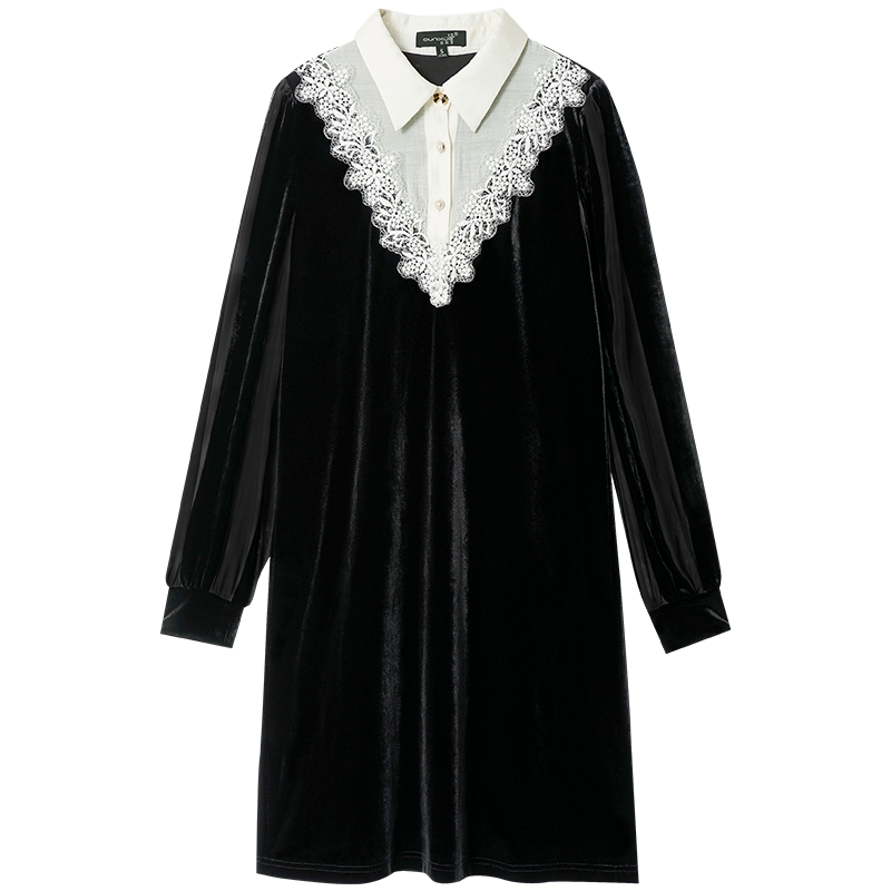 OUNIXUE欧昵雪 | 小众设计感透视长袖丝绒裙女假两件直筒裙小个子裙时尚连衣裙