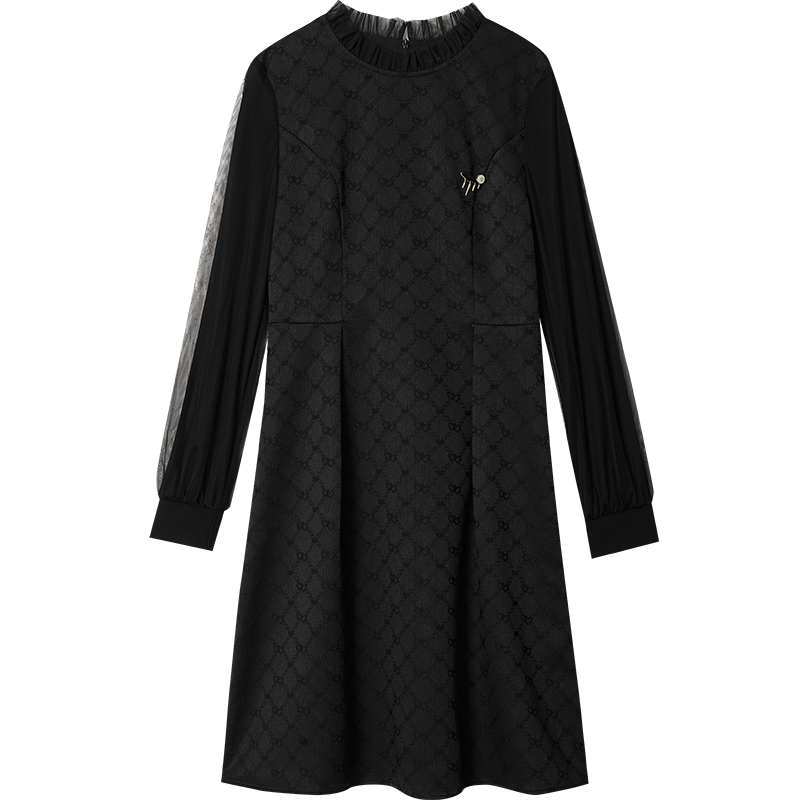 OUNIXUE欧昵雪 | 简约纯色网纱拼接立领优雅修身A字裙连衣裙女