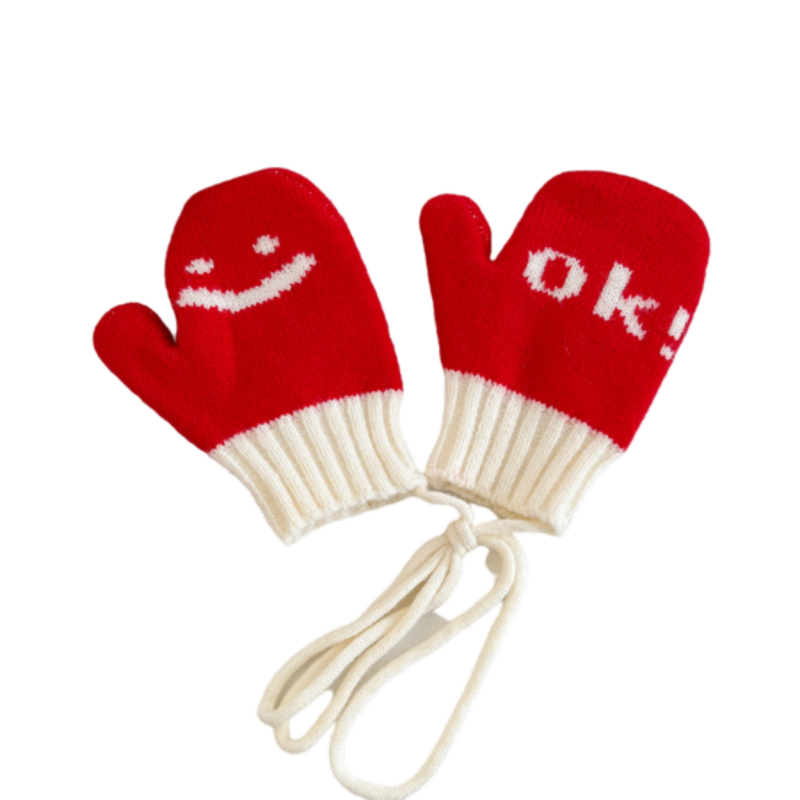 儿童针织手套秋冬款笑脸全包保暖防风连指男童女童毛线小孩子挂脖粉色ws