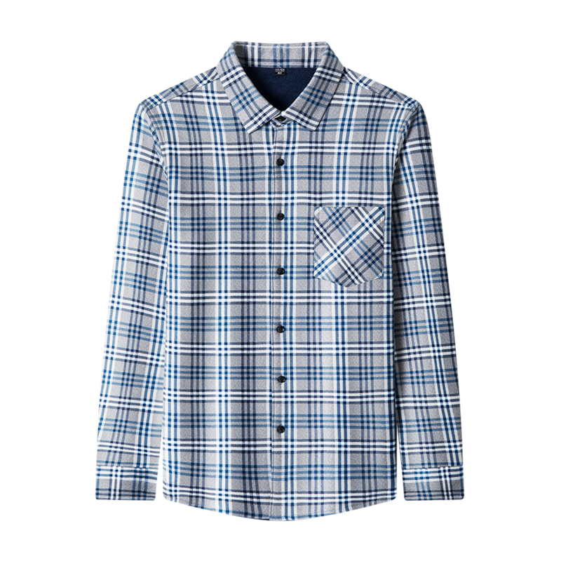 千锦鸟秋冬季新款格子长袖加绒衬衫男中青年简约时尚加绒加厚格纹衬衣上班穿格纹胸前口袋打底衫寸衫