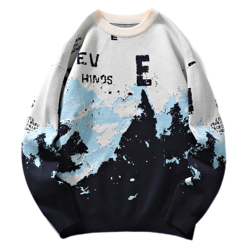 2022秋冬新款圆领毛衣男插色花纹图案保暖潮流宽松百搭