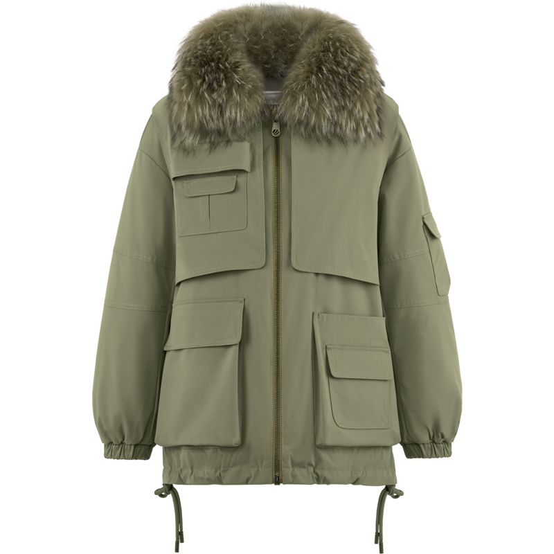 波司登羽绒服女士工装貉子毛领抽绳设计廓形假两件派克服