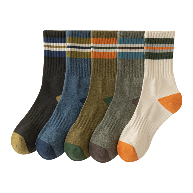 男士中筒袜纯棉袜子男百搭条纹运动秋冬毛圈潮流长筒袜吸汗防臭