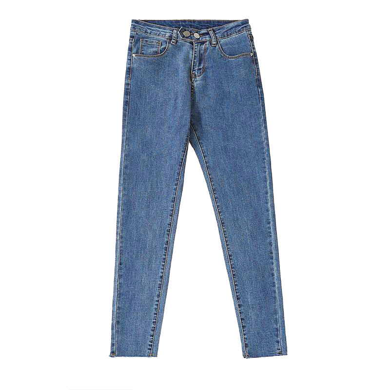 美帛牛仔裤女秋冬款双扣高腰弹力紧身修身毛边韩版九分铅笔小脚裤