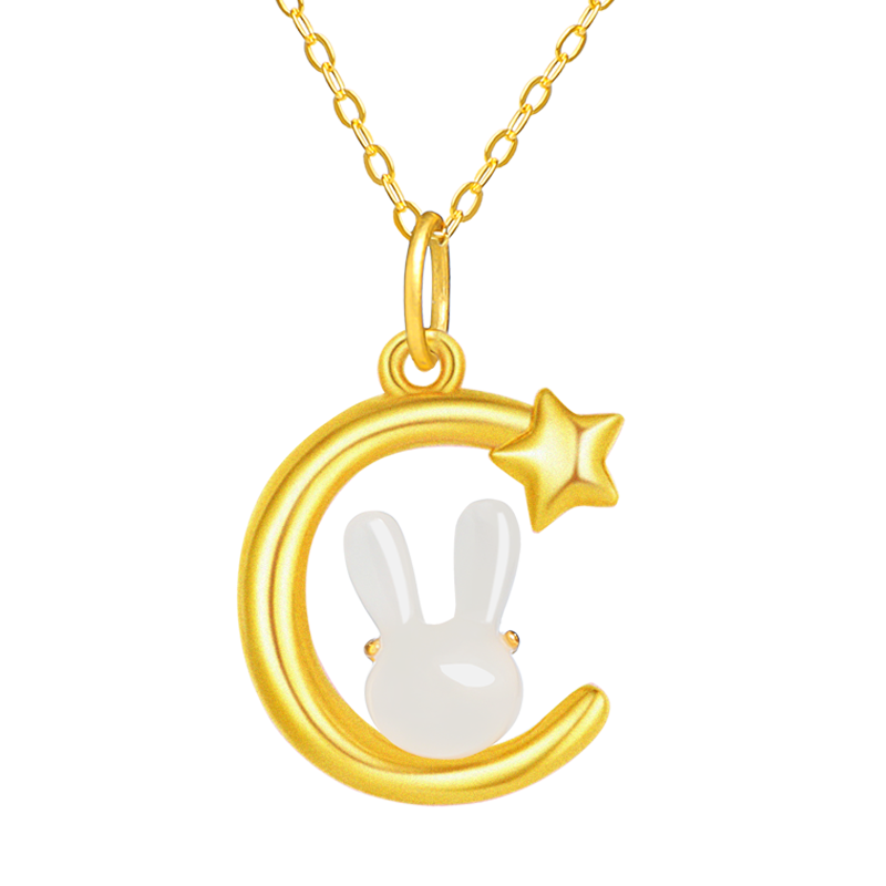 印象眸 足金镶和田玉吊坠 女款羊脂白玉月亮兔生肖兔子玉坠 附证书