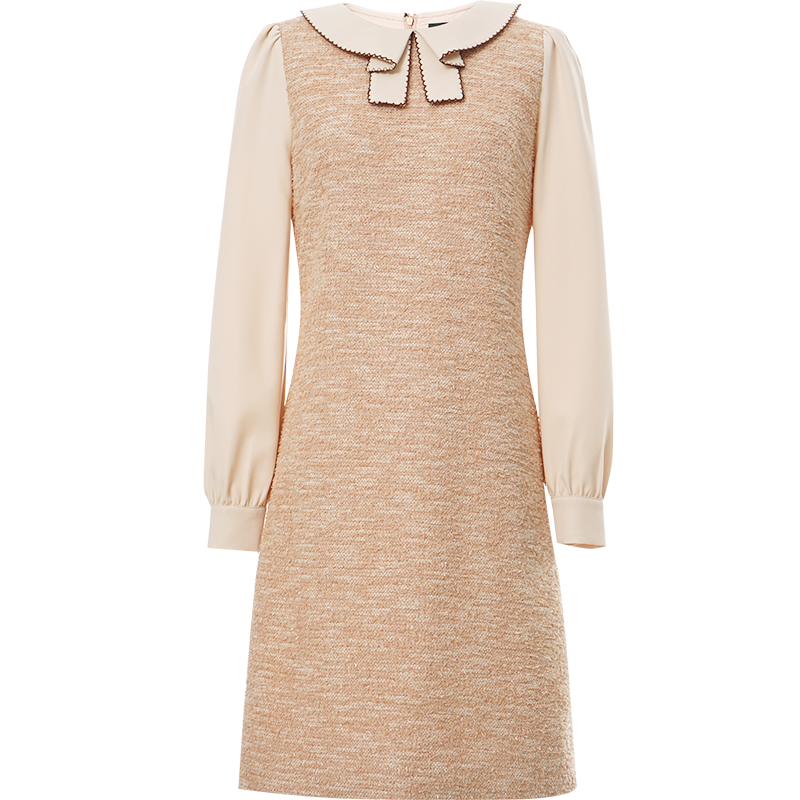 OUNIXUE欧昵雪 | [小香风气质假两件裙子]秋冬季淑女翻领拼接连衣裙长袖女