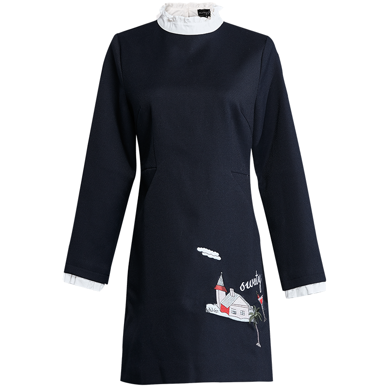 OUNIXUE欧昵雪 | 冬季时尚撞色立领显瘦女装裙子重工绣花百搭气质长袖连衣裙