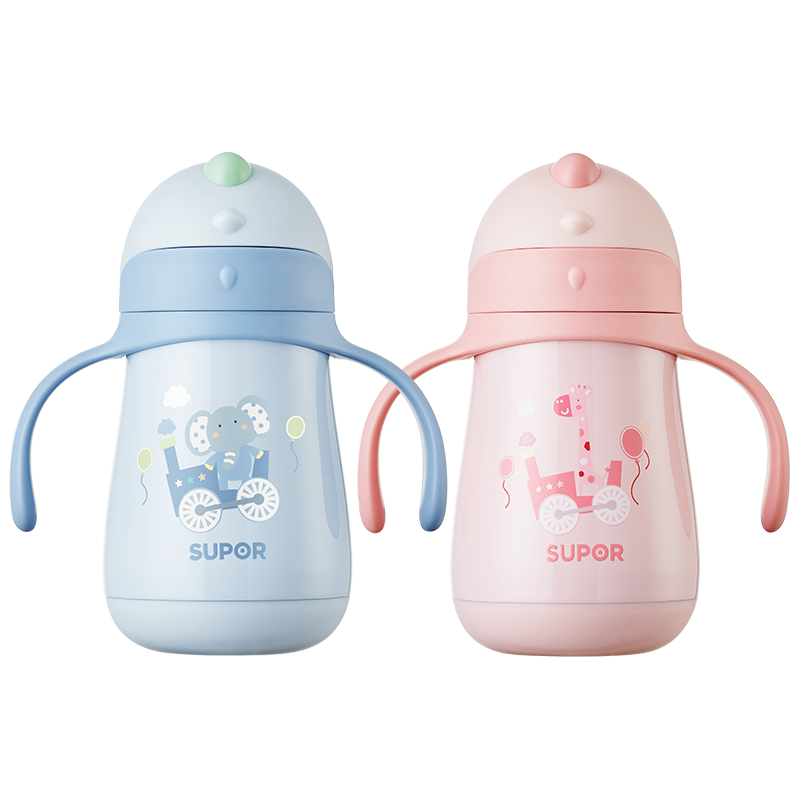 苏泊尔儿童保温杯学饮杯316L不锈钢内胆硅胶吸管大肚杯防呛水密封可拆卸把手背带防摔学生可爱迷你热水杯子