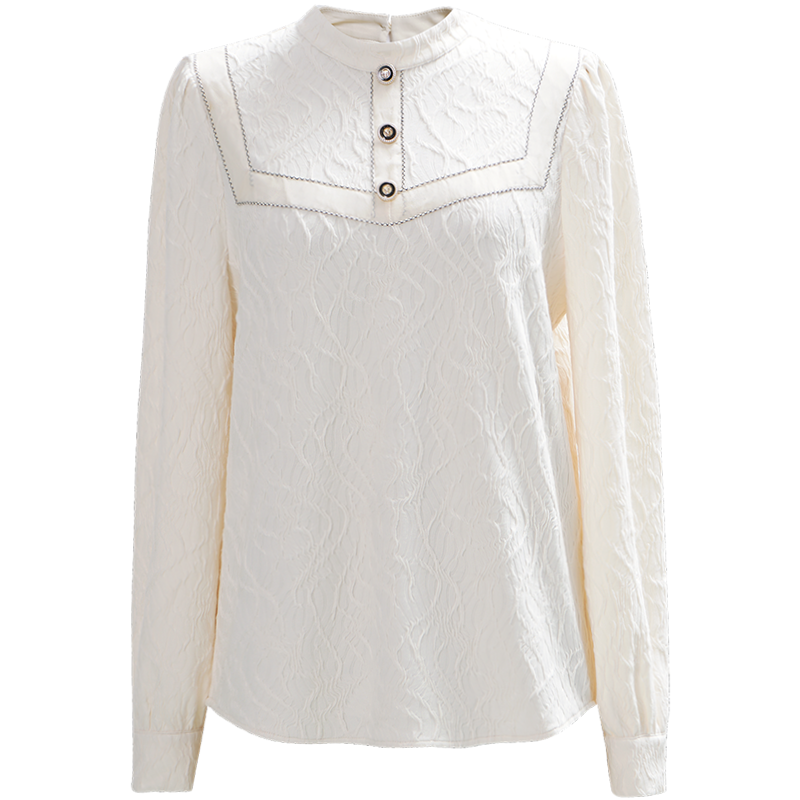 OUNIXUE欧昵雪 | [简约立领套头衬衣]秋冬季浪漫风拼接织带长袖直筒女士衬衫