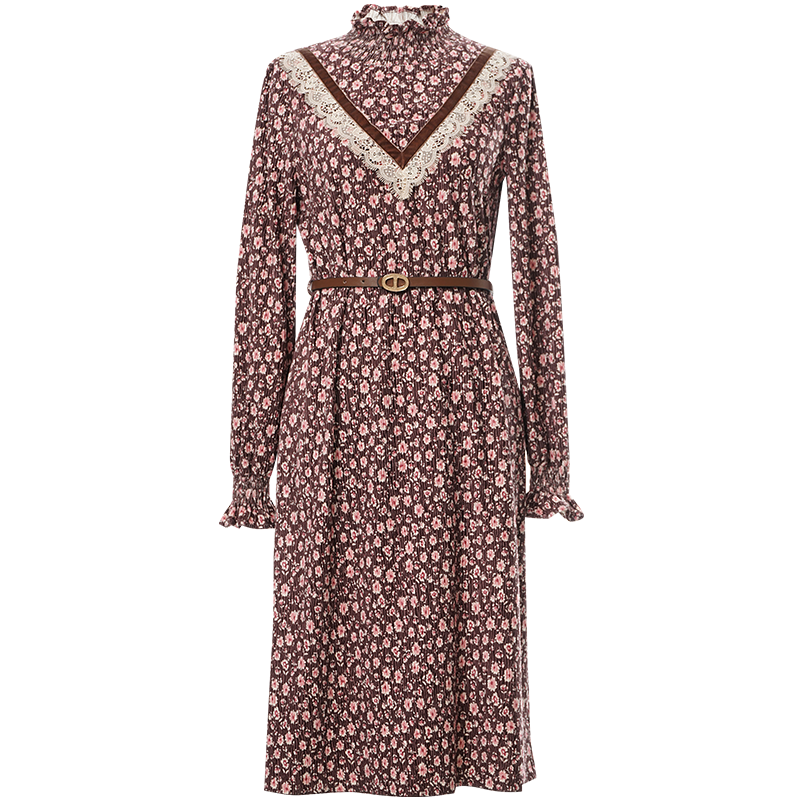 OUNIXUE欧昵雪 | [气质碎花连衣裙]秋冬季田园风丝绒拼接连衣裙修身A字裙女