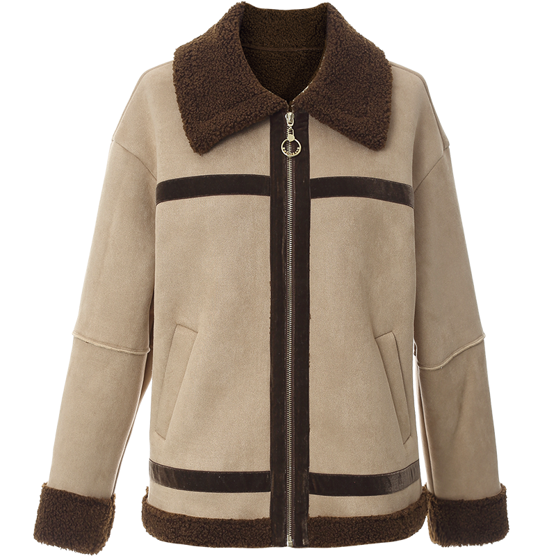 OUNIXUE欧昵雪 | [时尚颗粒绒夹克]冬季酷感翻领加厚仿麂皮宽松直筒外套女