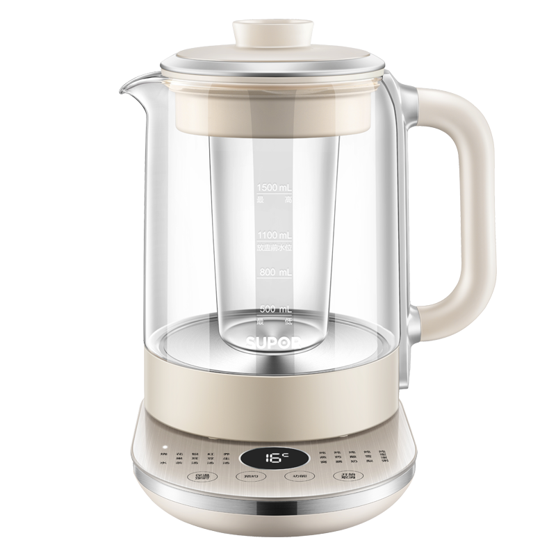 苏泊尔(SUPOR)养生壶家用多功能花茶煮茶器办公室全玻璃煮水壶小1.5L玻璃滤网多功能炖煮滤三合一 SW-15YT10