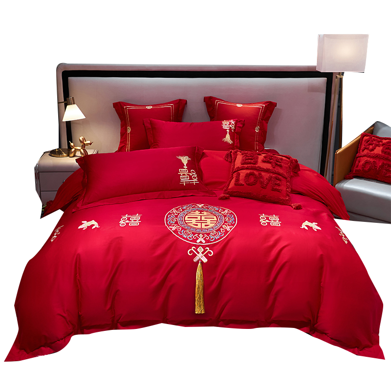 磨毛刺绣婚庆四件套龙凤喜被结婚床上用品婚嫁大红新婚床红色床单