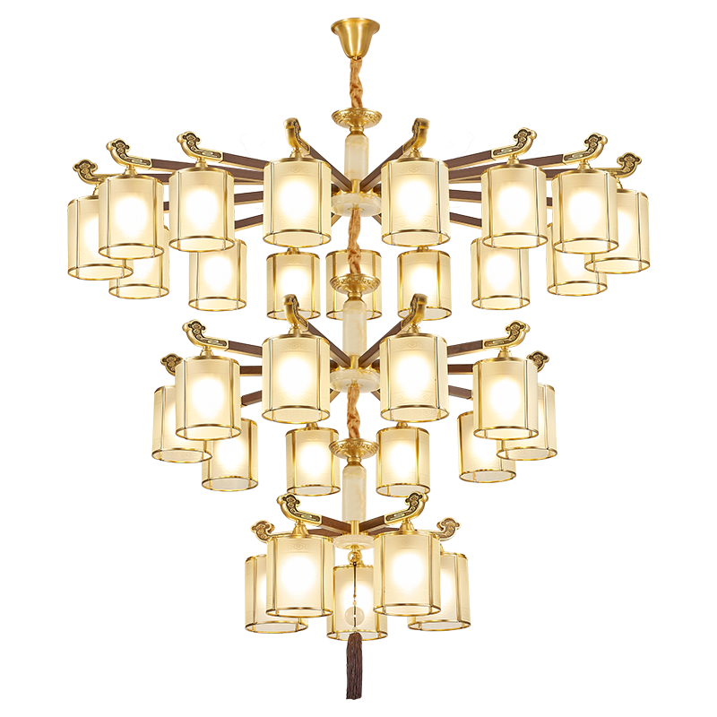 克罗斯塔 别墅客厅大吊灯复式楼中空楼梯新中式红木全铜酒店餐厅灯罩朝下灯