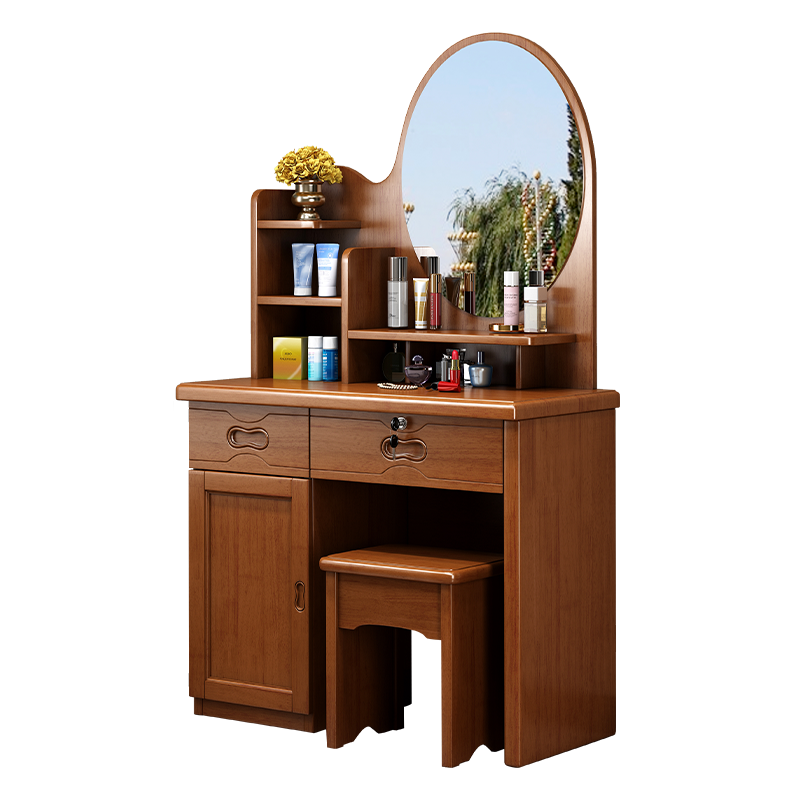 青木川 中式实木梳妆台现代简约卧室房间网红多功能储物化妆台收纳盒带妆镜一体小户型90cm轻奢化妆桌子