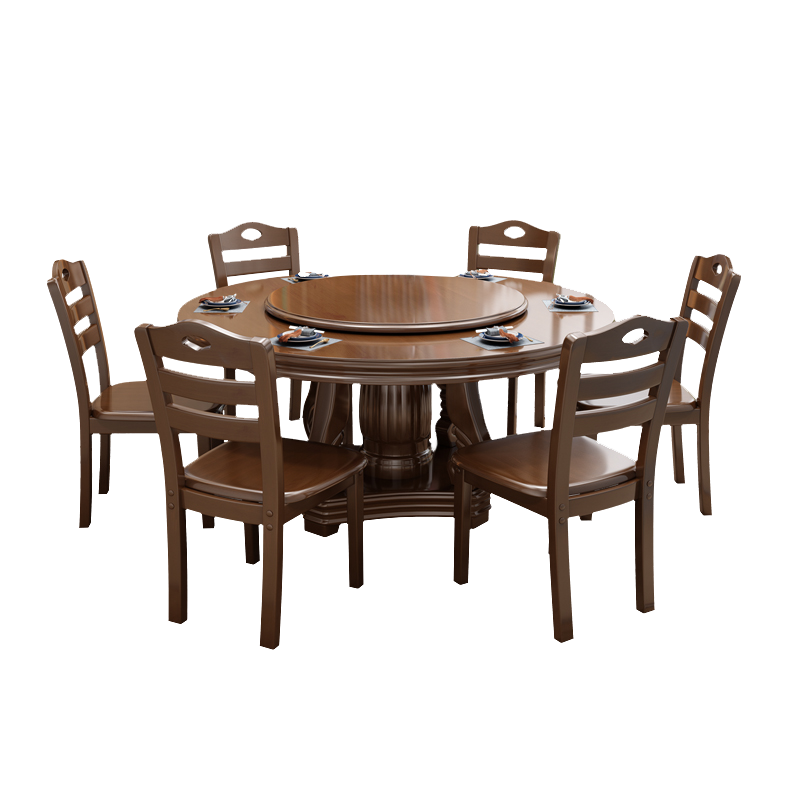 禧漫屋 餐桌 实木餐桌 带转盘组合餐桌 简约现代 木质餐桌椅组合 圆形饭桌 餐厅家具