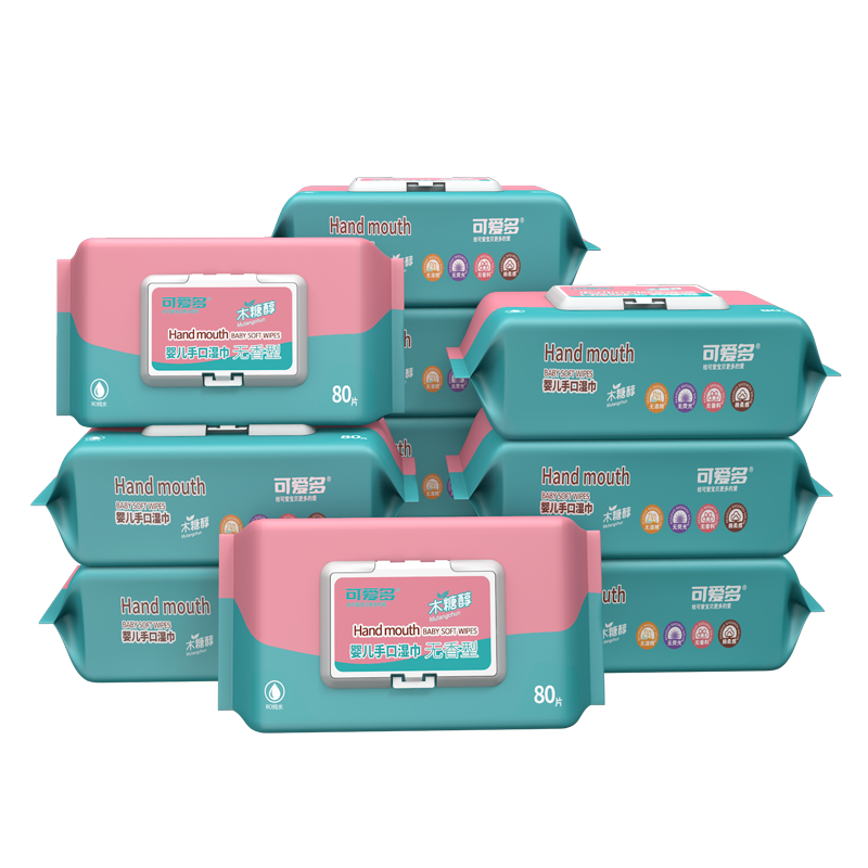 可爱多木糖醇手口湿巾婴幼儿宝宝新生儿湿巾纸儿童手口专用湿纸巾带盖卫生大包家庭装抽纸 80抽*10包 共800抽