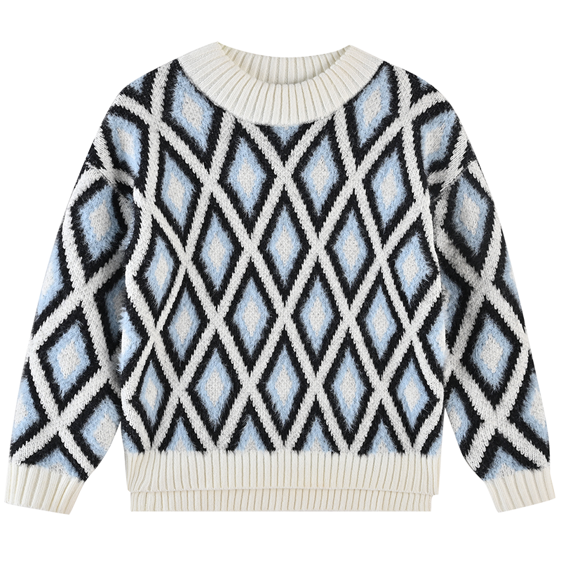 铅笔俱乐部童装女童毛衣秋冬菱形格儿童针织毛衫开叉下摆
