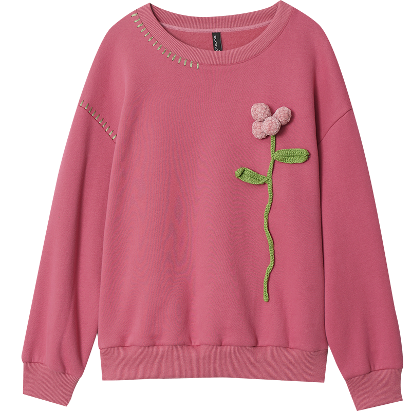 OUNIXUE欧昵雪 | 秋冬休闲圆领长袖宽松百搭保暖加绒卫衣女绣花装饰套头上衣厚