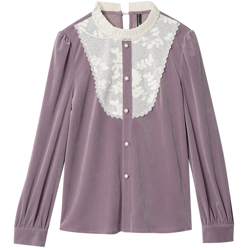 OUNIXUE欧昵雪 | [法式蕾丝拼接丝绒小衫]秋冬气质立领直筒衬衫淑女通勤上衣