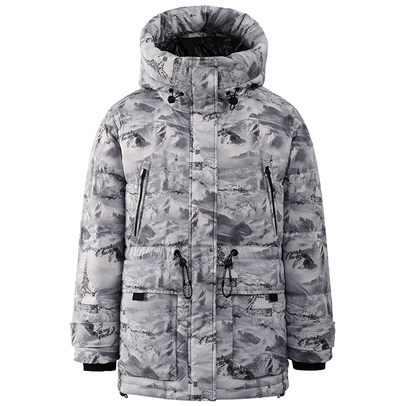 雪中飞冬季男士工装连帽迷彩加厚时尚中长款情侣羽绒服男女同款