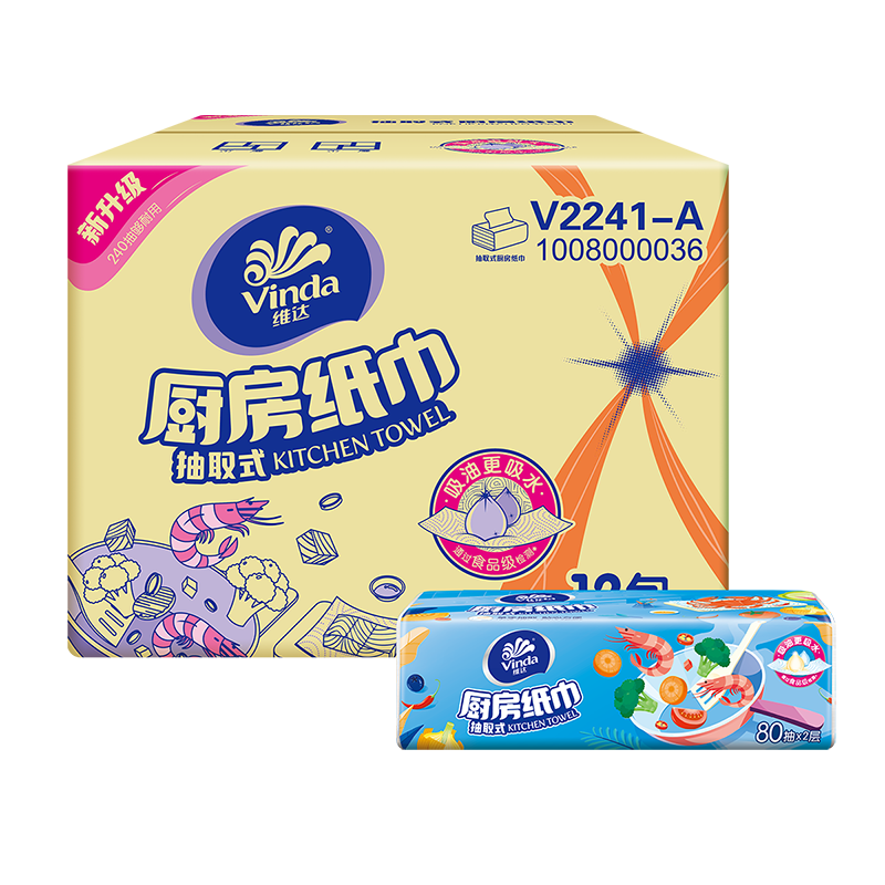 维达(Vinda) 厨房用纸 抽纸80抽*12包 整箱厨房纸厨房专用纸厨房清洁纸吸油纸吸水纸巾擦油纸抽取式厨房抽纸