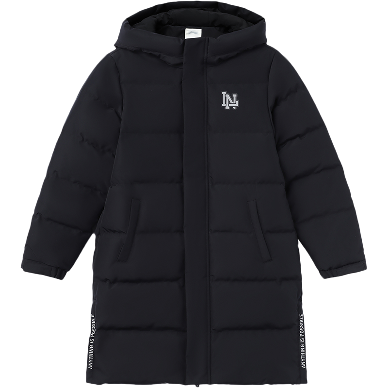 李宁童装羽绒服男女小大童生活开衫长袖连帽秋冬季黑色保暖运动服