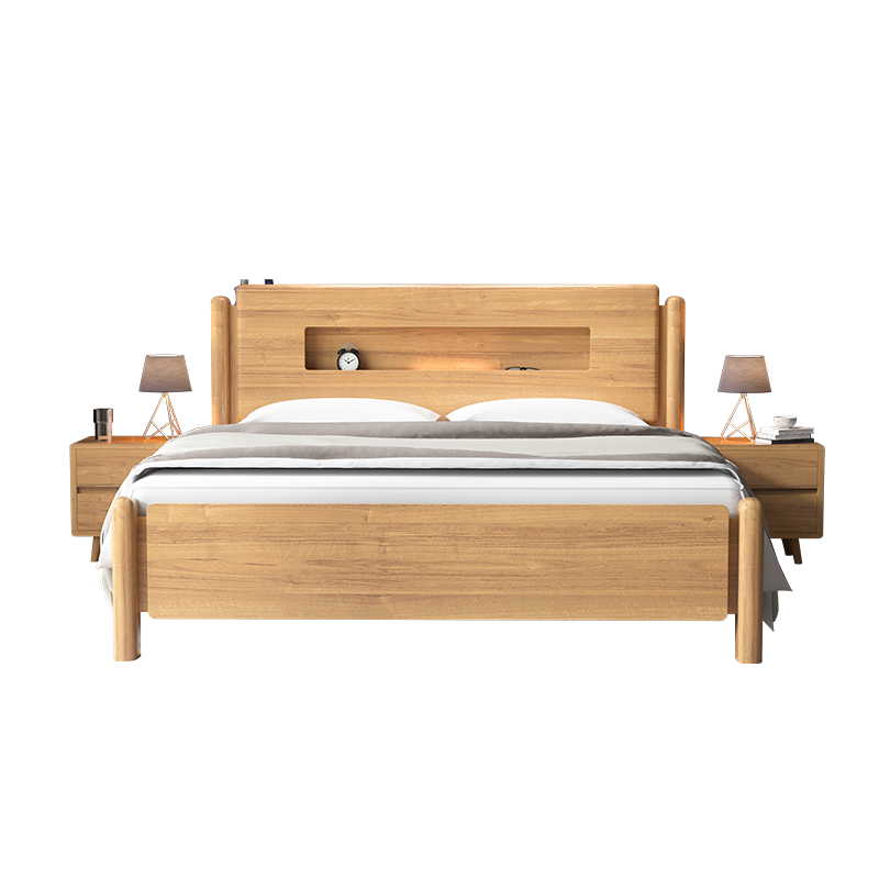 兰秀家居 北欧实木床现代简约单双人床主卧高箱储物夜光床家用原木家具