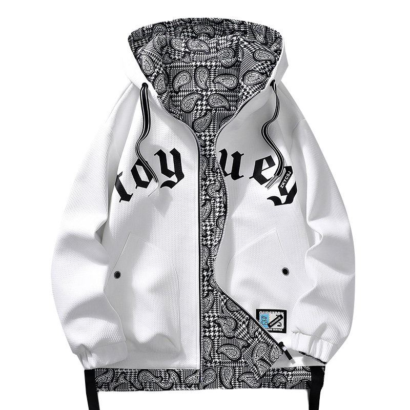 蓝缕金(LANLVJIN)男士夹克外套男春季2023新品宽松连帽拼接印花双面穿潮牌卫衣上衣韩版休闲男装