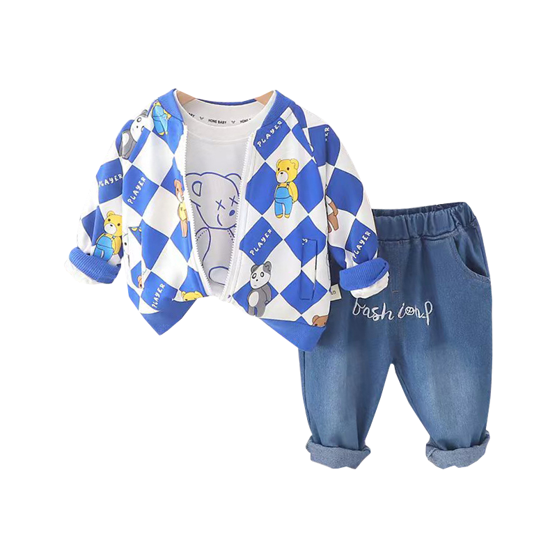 2023春秋新款宝宝菱形小熊三件套