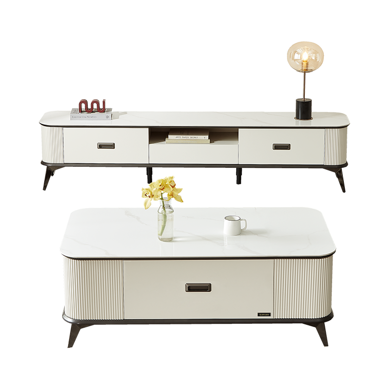 全友家居 灰白色茶几电视柜 简约轻奢亮光岩板成套家具波浪形线条环保板材茶几(岩板)电视柜